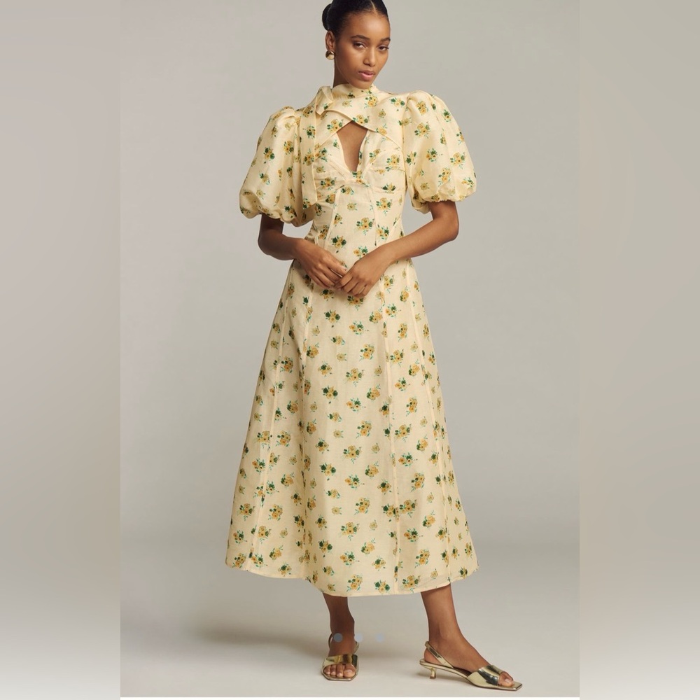 ANTHROPOLOGIE Lovaan Hollie Linen Silk Puff-Sleeve  Midi Dress